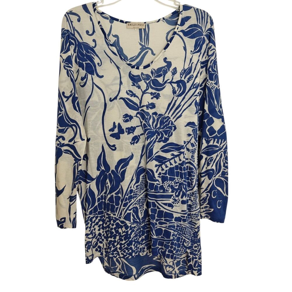 Emilio Pucci Cotton Silk Tunic Top Size 6 Blue Floral Long Sleeve Made in Italy - Picture 2 of 10